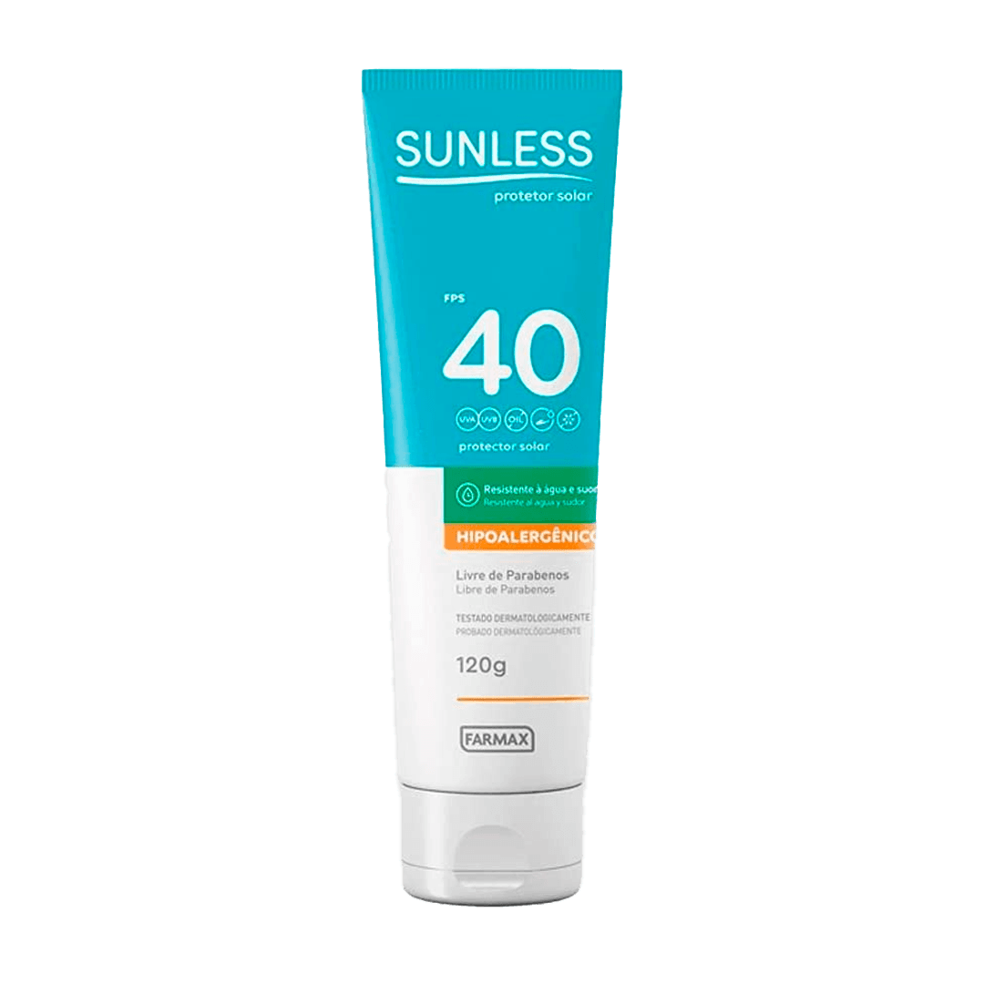PROTETOR SOLAR FPS40 HIPOALERGENICO SUNLESS 120G NOVO